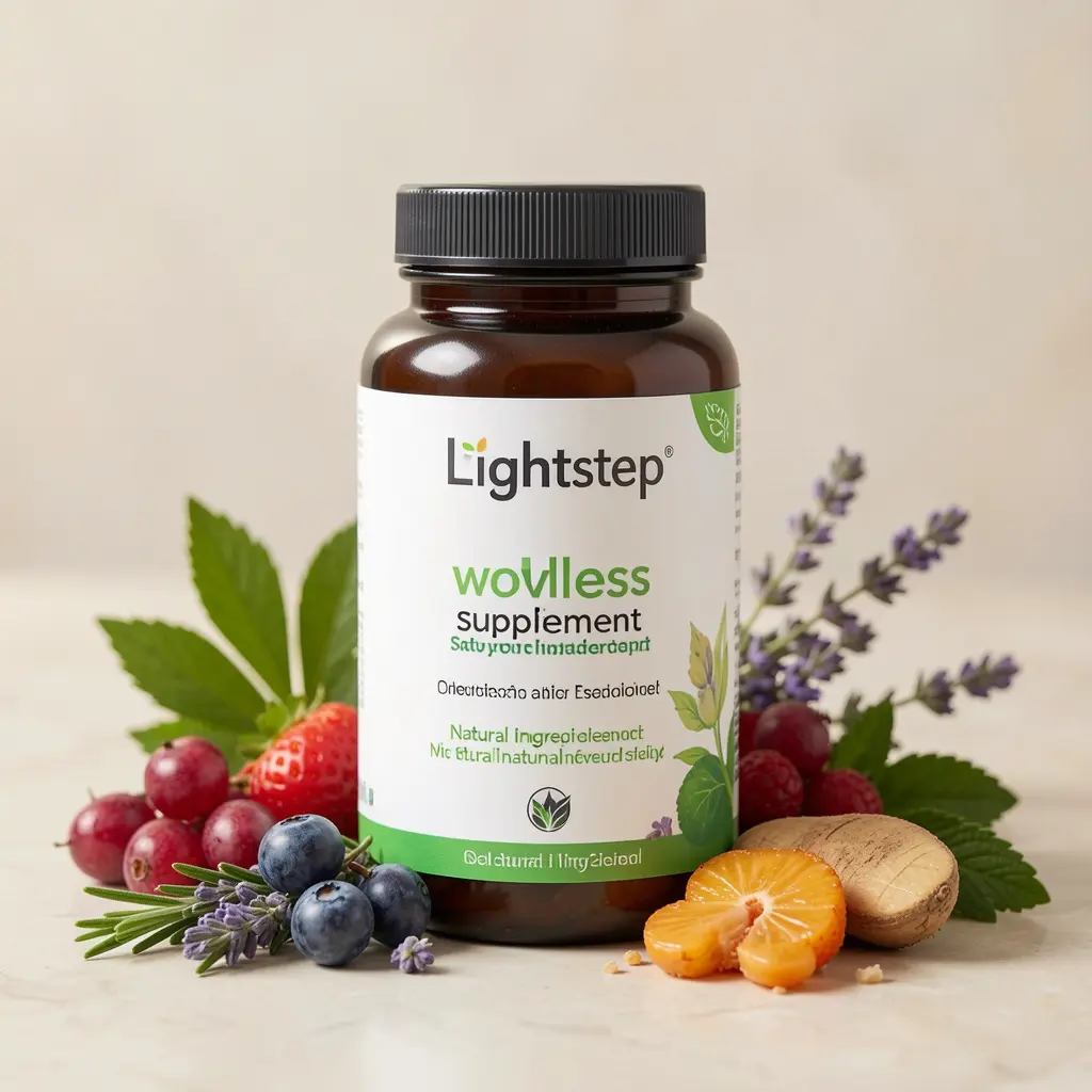 Lightstep wellness supplement bottle with natural ingredients displayed